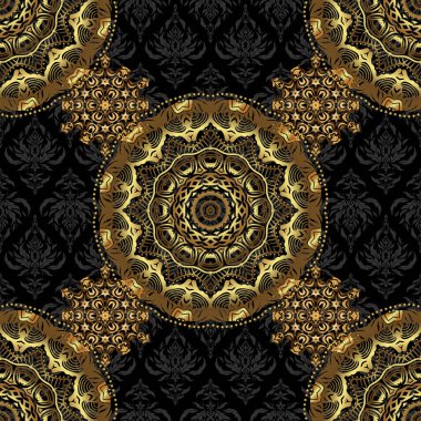 Zarif vektör klasik kusursuz desen. Siyah arkaplanda tekrarlayan elementlerle kusursuz soyut süs. Siyah ve altın desenli.