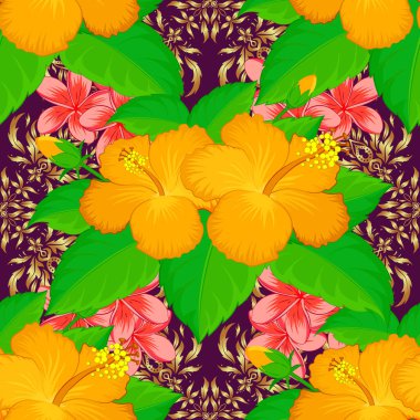 Mor, yeşil ve sarı renklerde şirin çiçekli kusursuz çiçek deseni. Vektör illüstrasyonu.