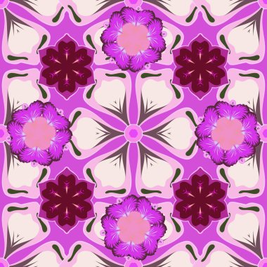 Örtü, poster, tişört ya da kumaş şablonu. Pembe, mor ve mor renkli vektör kış çizimi. El çizimi soyut kar taneleri pürüzsüz.