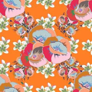 Soyut vektör kusursuz desenli çiçek deseni turuncu ve pembe renklerde. Çiçeksiz, suluboya efektli desen. Yatak çarşafları, ceket, paket tasarımı, kumaş, moda kavramları için tekstil baskısı.
