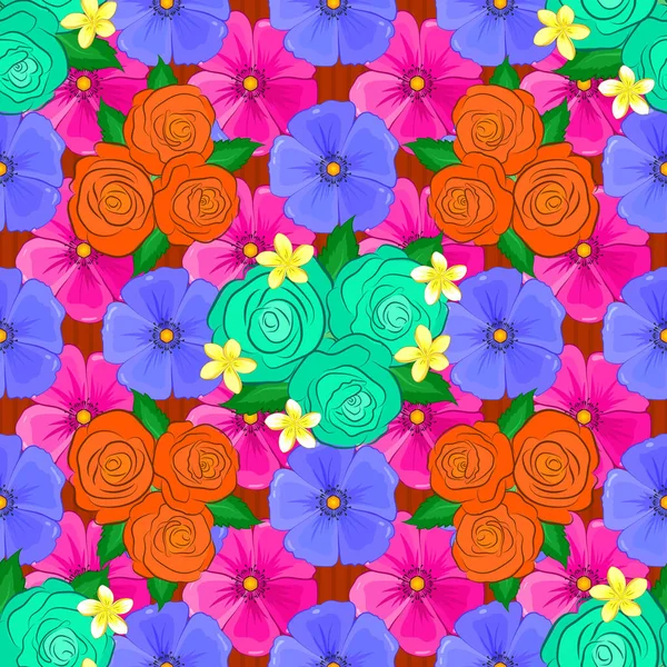 かわいいバラの花と緑の葉のパターン 縞模様の背景に水彩シームレスパターン ベクトルフラワープリントInバイオレット オレンジ マゼンタ色 — ストックベクタ