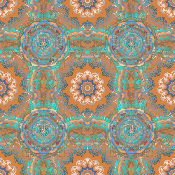 Orange Blue Seamless Background Flower Ornament Pattern Abstract Arabesque Background — Stock Vector