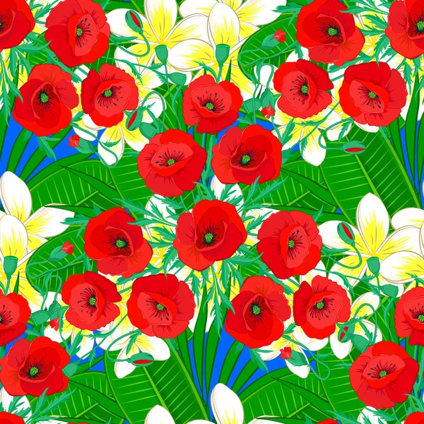 Bezszwowy Wzór Kwiatowy Niebieskim Tle Kwiatami Maku Ilustracja Wektora — Wektor stockowy