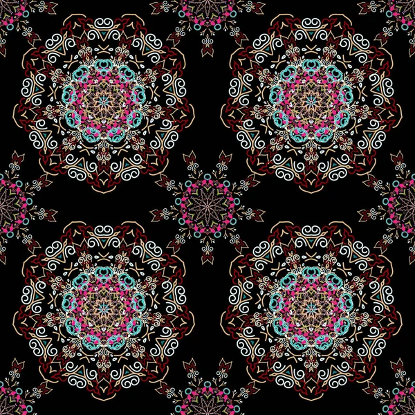 Ikat Damasco Sin Costuras Azulejo Fondo Sobre Fondo Negro Colores — Vector de stock