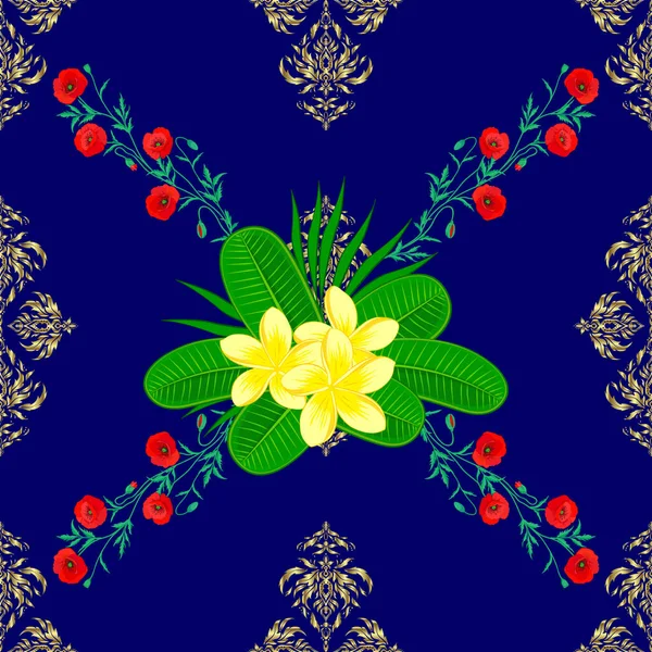 Vector Illustration Seamless Floral Pattern Cute Plumeria Flowers Blue Green — Stock Vector