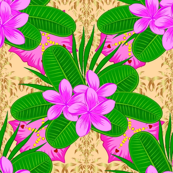 Vector Seamless Background Pattern Stylized Plumeria Flowers Leaves Beige Background — Stock Vector