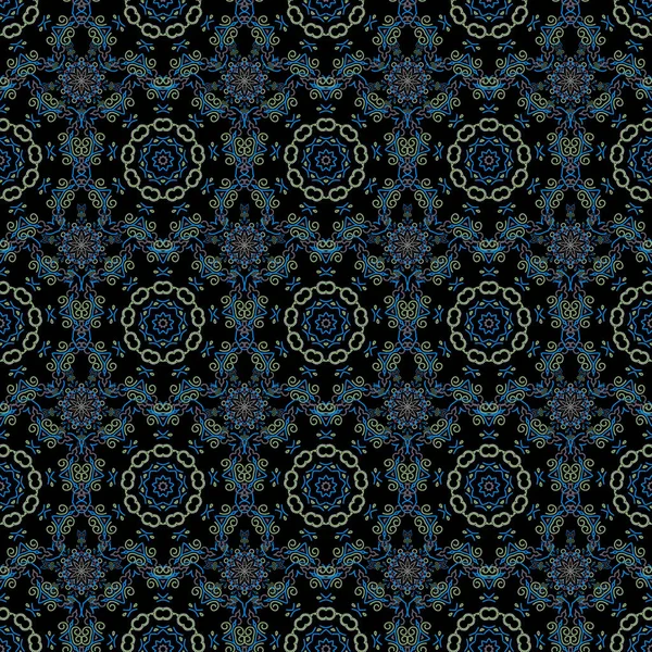 Ornement Floral Aux Couleurs Bleu Vert Sur Fond Noir Fond — Image vectorielle
