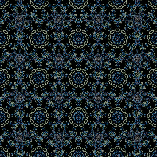 Ornamento Floral Cores Azul Verde Fundo Preto Raster Fundo Sem — Vetor de Stock