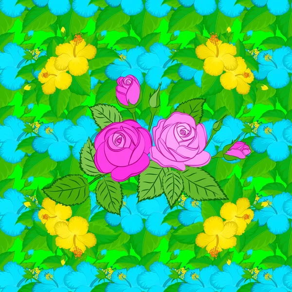 Patrón Sin Costuras Con Flores Rosas Decorativas Verano Hojas Verdes — Vector de stock