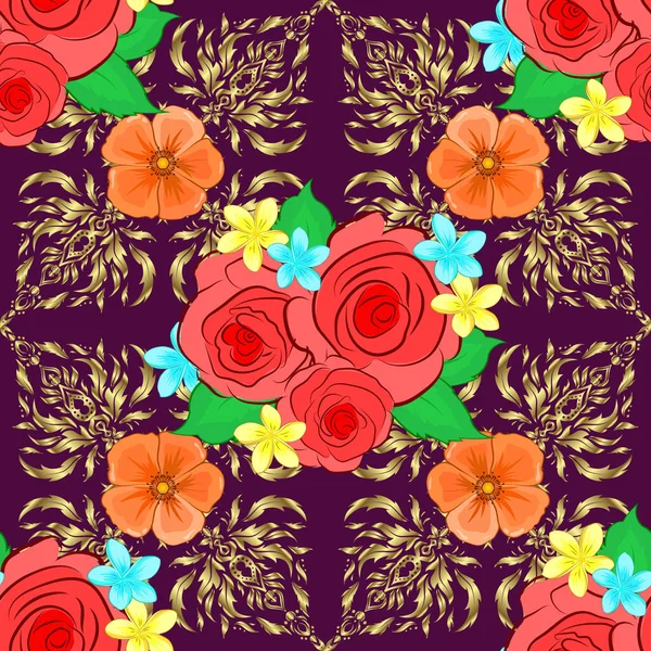ベクトルイラスト 装飾的なバラの花と黄色 オレンジの色の緑の葉を持つシームレスな背景パターン — ストックベクタ