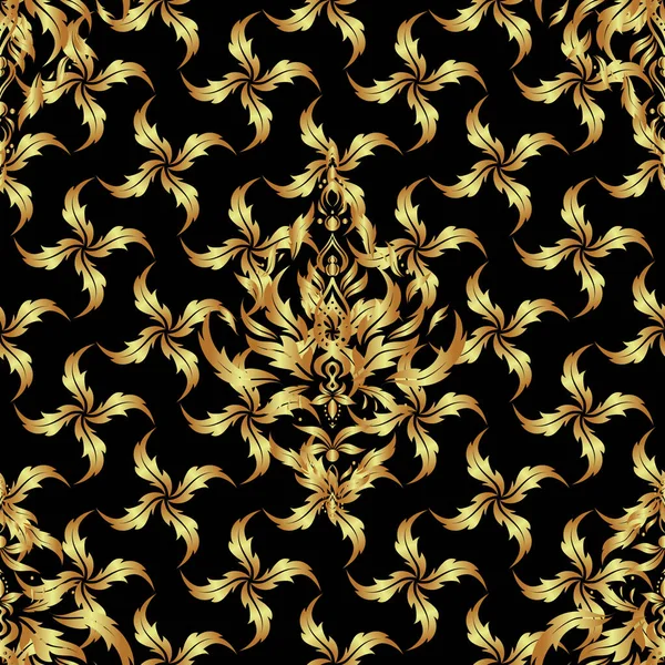 Vektorové Abstraktní Bezešvé Patchwork Pozadí Černými Zlatými Ornamenty Geometrické Marocké — Stockový vektor