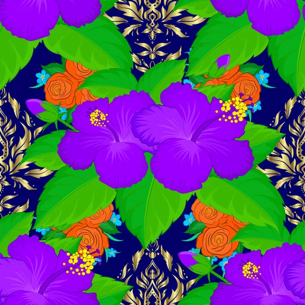 Vektor Hibiskus Blüht Nahtlos Nahtloses Blumenmuster Grünen Violetten Und Blauen — Stockvektor
