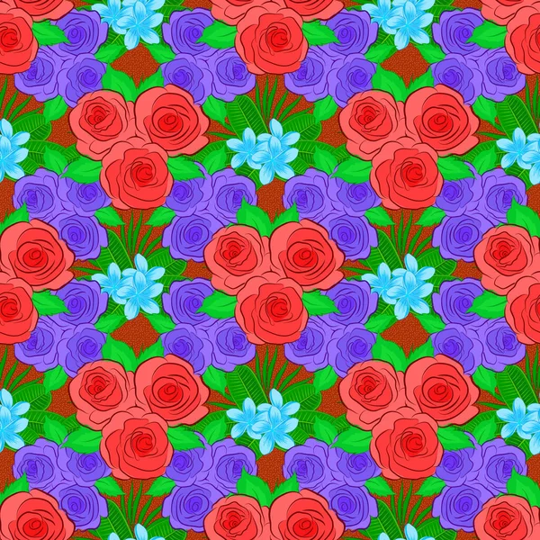 Векторная Иллюстрация Бесшовный Фон Декоративными Цветами Роз Зелеными Листьями Фиолетовых — стоковый вектор