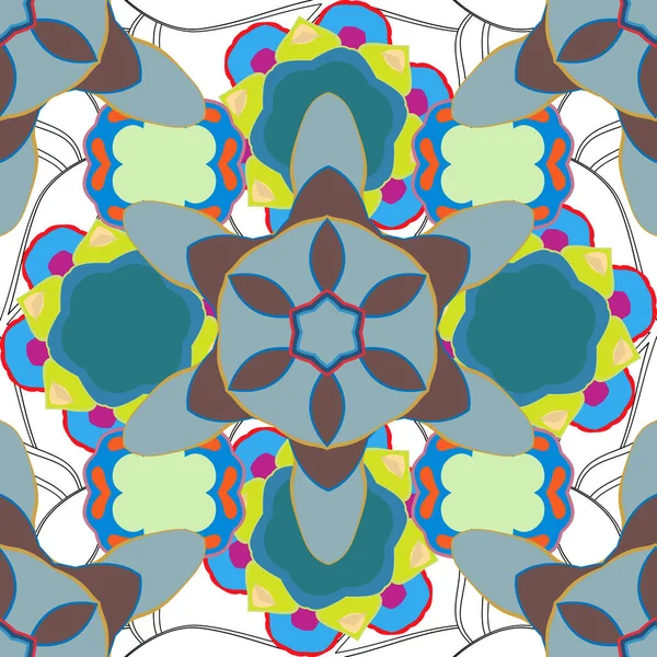 Sömlös Blommönster Grått Blått Och Gult Med Brokiga Blommor Vektorillustration — Stock vektor