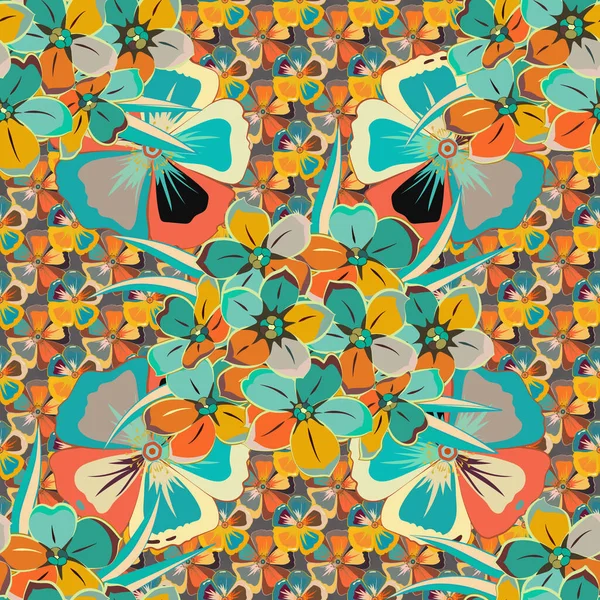 Vector Illustratie Naadloos Bloemenpatroon Schattige Kosmos Bloemen Blauwe Oranje Beige — Stockvector