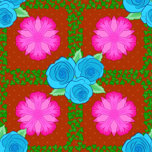 Oranje Groen Blauw Bloemen Naadloos Patroon — Stockvector