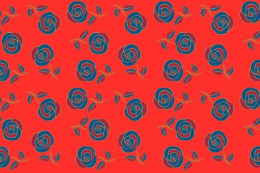 Eski suluboya güller. Kırmızı, turuncu ve mavi renklerde elle çizilmiş kusursuz desen.