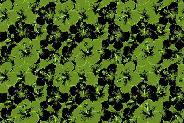 Seamless floral background. Hibiscus flowers in black and green colors. Hand drawn. Seamless pattern of stylized floral motif, flowers, hole, spots, doodles.