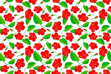 Kırmızı amberin kusursuz deseni ve beyaz arkaplanda yeşil yaprak..