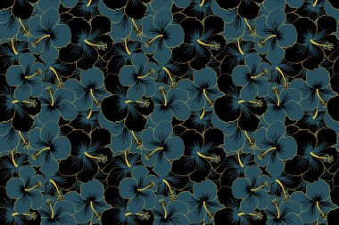 Kusursuz çiçek arkaplanı. El çizimi. Hibiscus çiçekleri siyah ve mavi renklerde. Şekillendirilmiş çiçeklerin kusursuz deseni, çiçekler, delik, benekler, karalamalar.