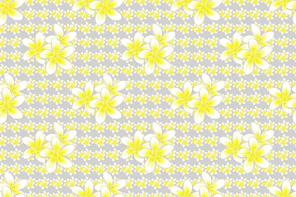 Decorative plumeria flowers repeating pattern. Abstract elegance seamless pattern with floral motifs on a gray background.