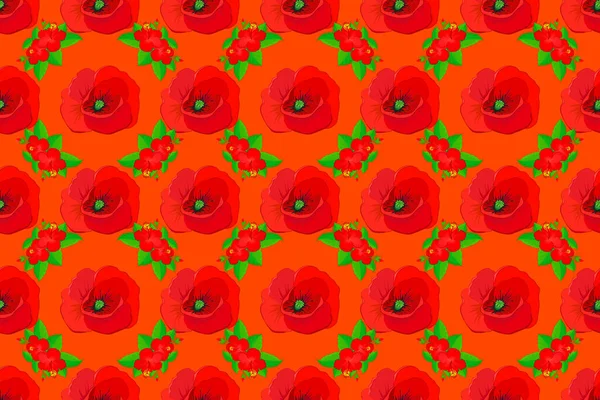 Seamless pattern of red poppy and red hibiscus with green leaf on red background. Seamless floral background.