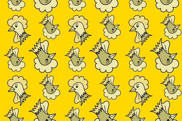 Seamless pattern of stylized rooster, hen, cock, chicken with hole and spots on colored background. Hand drawn. Colorfil seamless cock and hen background.