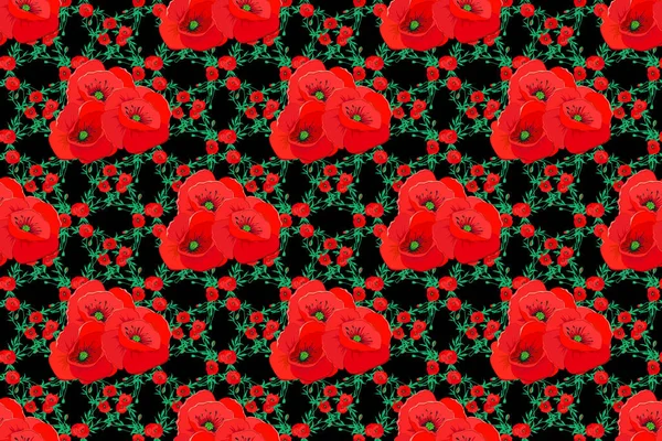 黑色背景上的红色罂粟和绿叶的无缝图案 无缝花背景图 — 图库照片