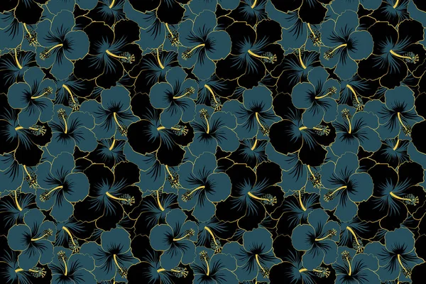 Απρόσκοπτη Ανθοφορία Χέρι Ζωγραφισμένο Λουλούδια Hibiscus Μαύρο Και Μπλε Χρώμα — Φωτογραφία Αρχείου