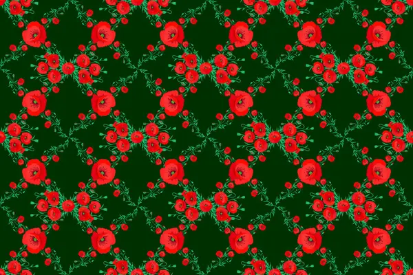 Hand Drawn Seamless Floral Background Seamless Pattern Red Poppy Green — Stock Photo, Image