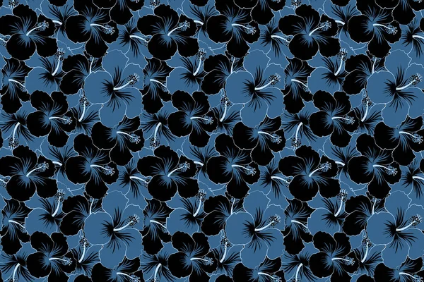 黒と青の色でハイビスカスの花 様式化された花のモチーフ スポット ドアのシームレスなパターン シームレスな花の背景 手描き — ストック写真