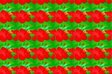 El çizimi. Kırmızı amberin kusursuz deseni ve arka planda yeşil yaprak. Kusursuz çiçek arkaplanı.