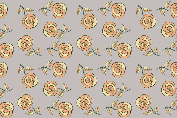 Seamless pattern of stylized floral motif, hole, spots, rose flowers, doodles on gray background. Seamless floral background. Hand drawn.