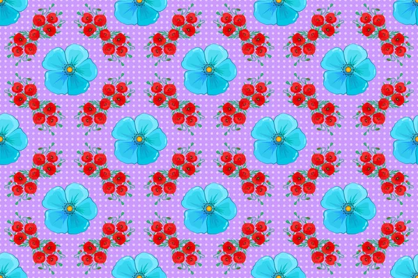蓝花和红色罂粟的无缝图案 背景是紫色的 无缝花背景图 — 图库照片