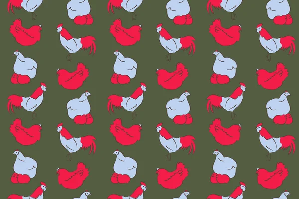 Seamless pattern of stylized rooster, hen, cock, chicken with hole and spots on colored background. Colorfil seamless cock and hen background. Hand drawn.