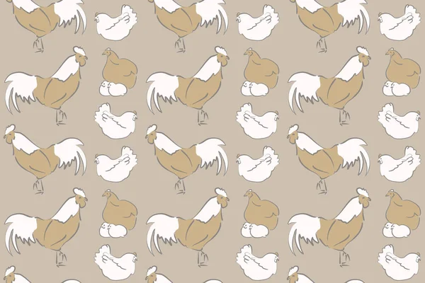 Seamless pattern of stylized rooster, hen, cock, chicken with hole and spots on colored background. Colorfil seamless cock and hen background. Hand drawn.