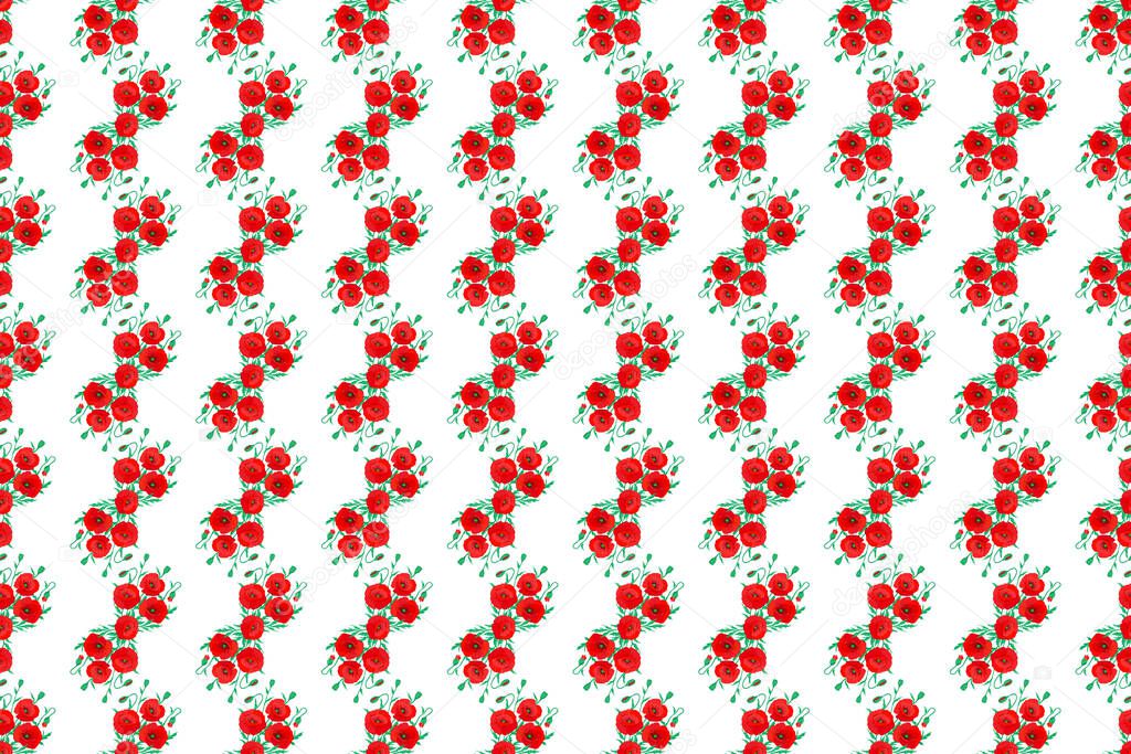 Retro textile design collection. Silk scarf with poppy flowers on a white background. Abstract seamless pattern with hand drawn floral elements. Autumn colors. 1950s-1960s motifs.