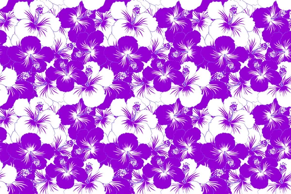 Hand Drawn Hibiscus Flowers White Violet Colors Seamless Pattern Stylized — Stock Photo, Image