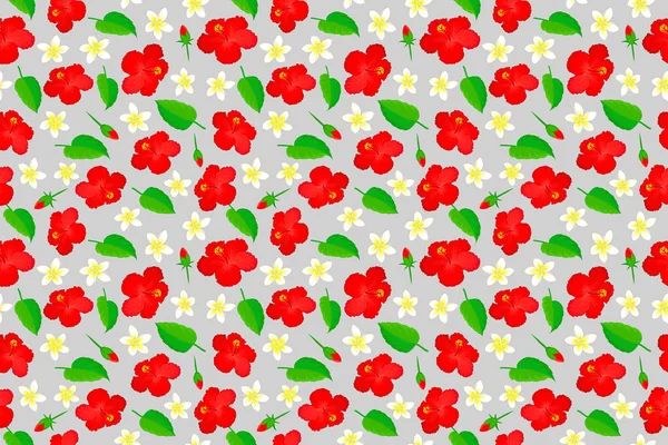 Nahtloses Muster Mit Niedlichen Hibiskusblüten Auf Grauem Hintergrund Raster Illustration — Stockfoto