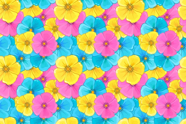 Bezešvé Vzory Modrými Žlutými Fialovými Květy — Stock fotografie