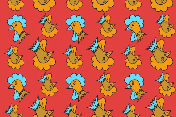 Colorfil seamless cock and hen background. Seamless pattern of stylized rooster, hen, cock, chicken with hole and spots on colored background. Hand drawn.