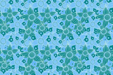 Kusursuz çiçek arkaplanı. El çizimi. Şekillendirilmiş çiçek motifinin kusursuz deseni, çiçekler, delik, noktalar, mavi renkli karalamalar.