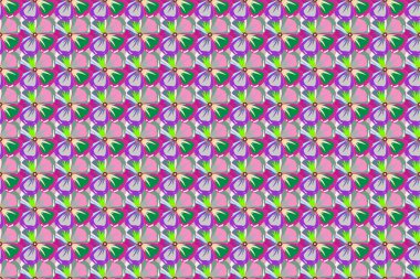 Etiketler, etiketler, etiketler, hediye ambalaj kağıtları ve pankart tasarımı için mor ve yeşil renkte şirin bir tasarım. Düz çiçekler ve siluetsiz desenler.