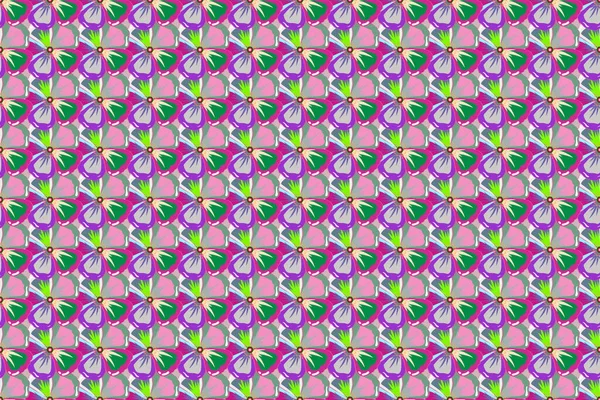 Cute design in violet, magenta and green colors for stickers, labels, tags, gift wrapping paper and banner design. Flat flowers and leaves silhouette seamless pattern.