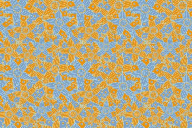 Şekillendirilmiş çiçek motifinin kusursuz deseni, çiçekler, delik, noktalar, mavi ve turuncu renkli karalamalar. El çizimi. Kusursuz çiçek arkaplanı.