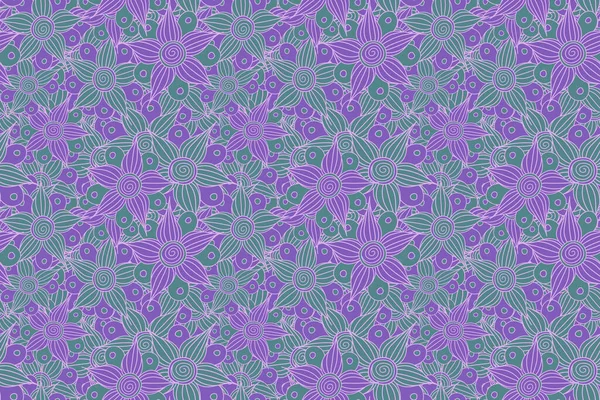 Seamless pattern of stylized floral motif, flowers, hole, spots, doodles in violet and green colors. Seamless floral background. Hand drawn.