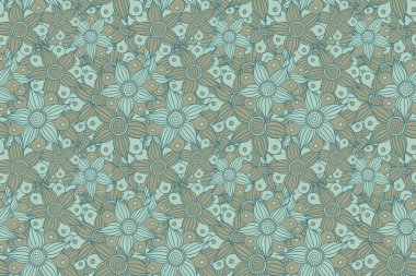 Kusursuz çiçek arkaplanı. Şekillendirilmiş çiçek motifinin kusursuz deseni, çiçekler, delik, noktalar, mavi renkli karalamalar. El çizimi.