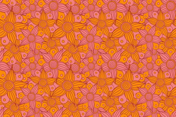 Seamless pattern of stylized floral motif, flowers, hole, spots, doodles in orange colors. Seamless floral background. Hand drawn.