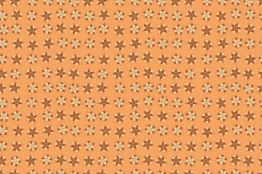 Kusursuz çiçek arkaplanı. Tarzsız çiçek motifi deseni, çiçekler, delik, noktalar, turuncu arka planda karalamalar. El çizimi.