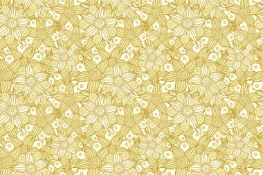 El çizimi. Kusursuz çiçek arkaplanı. Şekillendirilmiş çiçek motifinin kusursuz deseni, çiçekler, delik, noktalar, sarı renkli karalamalar.